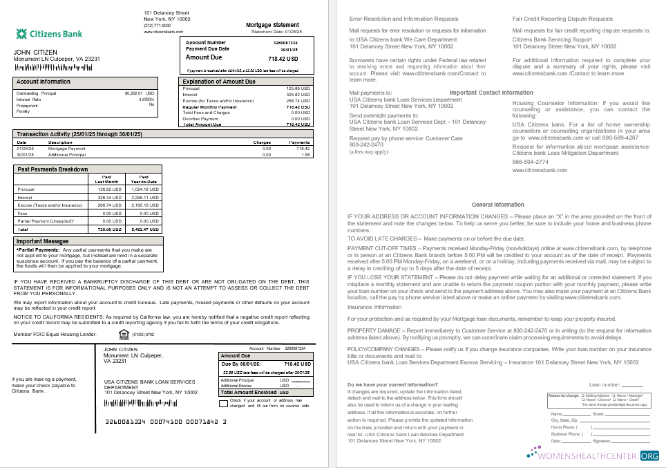 Download USA Citizens bank mortgage statement in Word and PDF formats Photoshop template